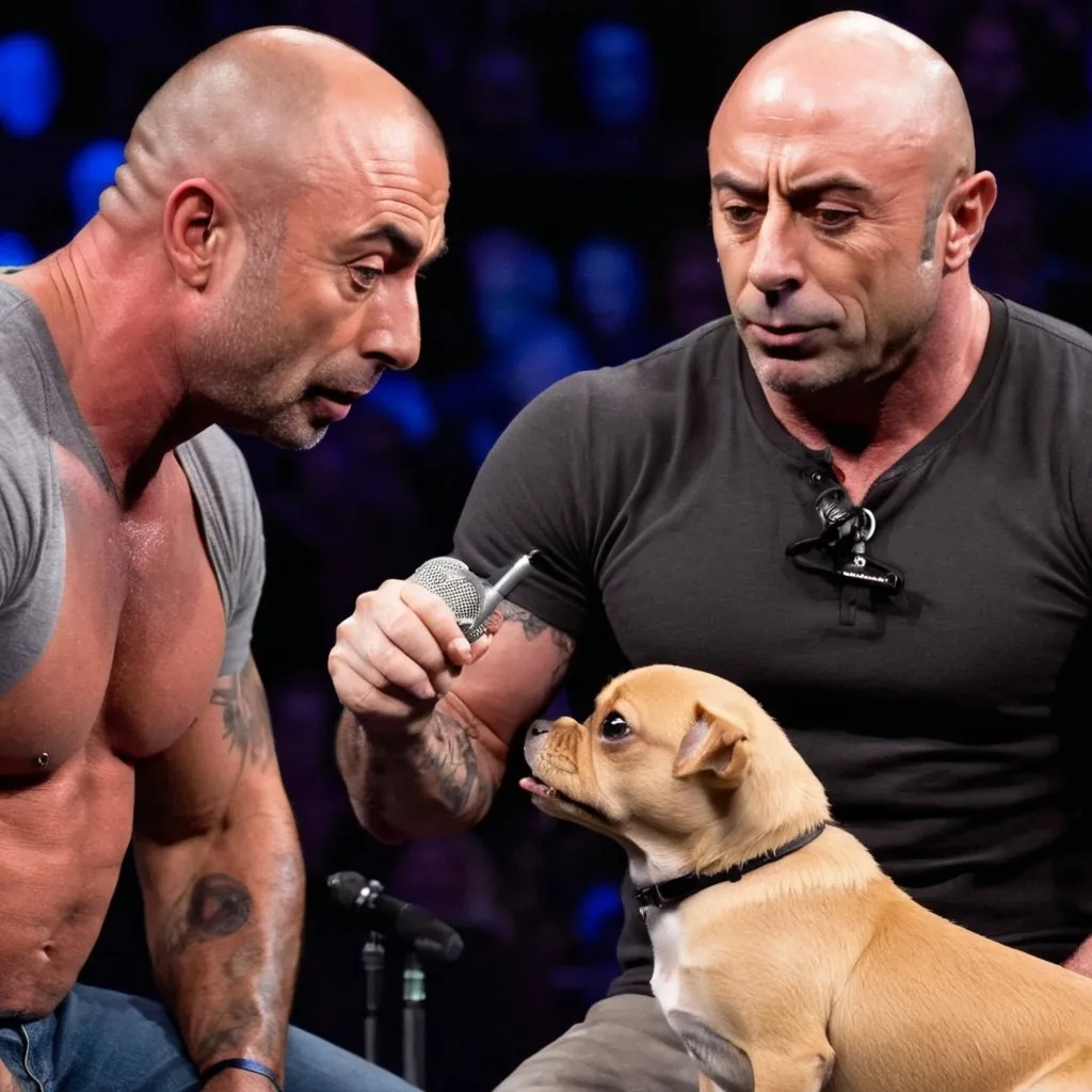 Prompt: Joe Rogan having a heated debate with a small dog