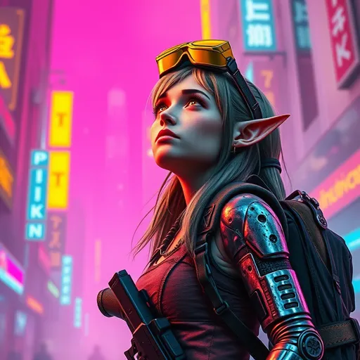 Prompt: A female elf, vibrant and striking with a metal arm, gazes up in awe at the mesmerizing hues of pink, yellow, and blue neon lights blazing in a hazy futuristic city. Her grungy yet resilient clothing conveys adventure, matched with yellow-tinted goggles on top of her head and a rugged backpack slung over one shoulder. A black pistol is visible in its holster at her hip. The scene is set in an ultra-detailed cyberpunk atmosphere.