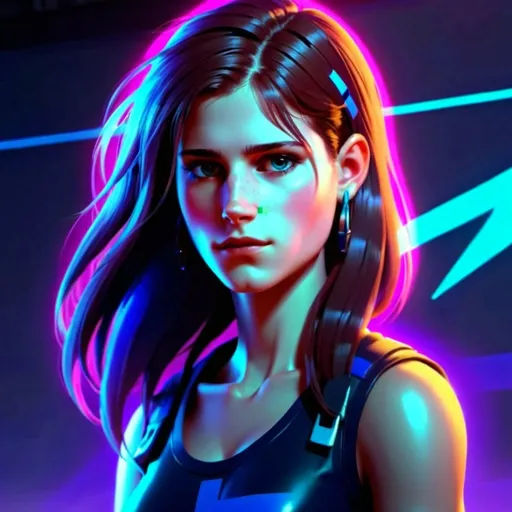 Prompt: (Animated character), long brown hair, stylish bangs, vibrant neon colors, striking matte skin texture, glowing accents for futuristic feel, bold expressions, visually appealing design, dynamic pose, electrifying background, contrast between colors, capturing a lively and energetic ambiance, high detail, visually stunning, ultra-detailed, appealing color combination.