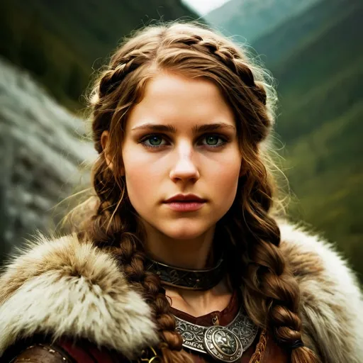 Prompt: Brunette viking woman, green eyes, portrait