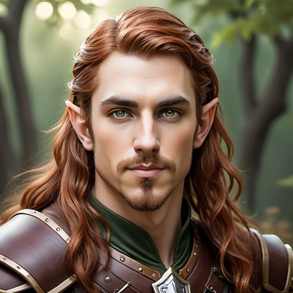 Prompt: auburn hair, hazel eyes, male elf, goatee, long wavy hair, stubble , leather armor