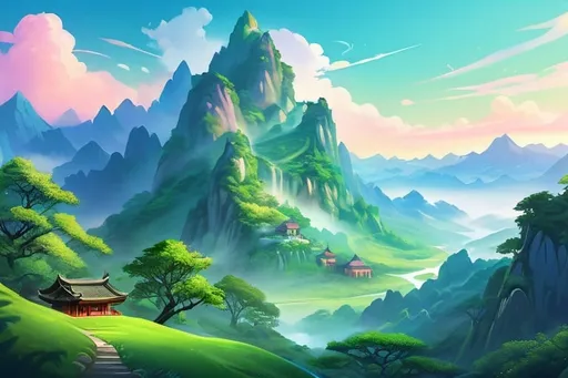 Prompt: Detailed donghua illustration of a fantasy mountain, vibrant and fresh background, outro for YouTube, high quality, fantasy, scenic environment, detailed landscape, lush greenery, mystical aura, serene atmosphere, magical lighting