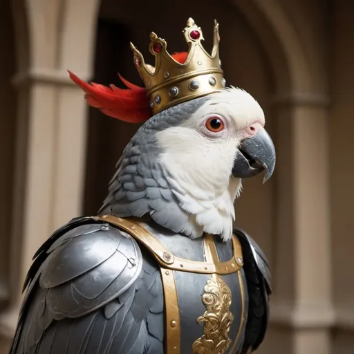 Prompt: An anthropomorphic cockatiel parrot is a king of the knights in a castle. He has armor and a crown.