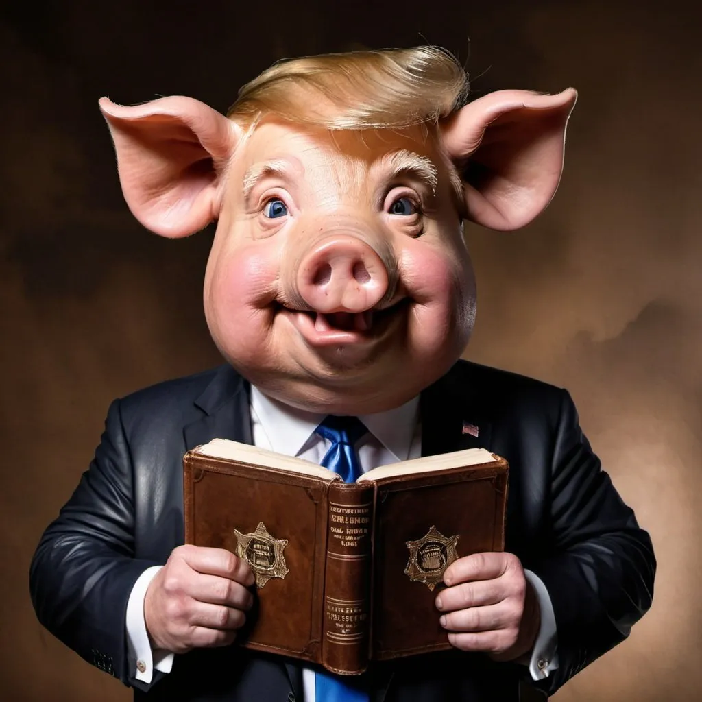 Prompt: A pig with Donald Trump face holding a brown leather bible