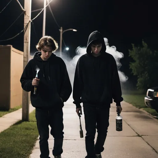 Prompt: 2 teenagers walking holding a crack pipe and spray paint at night in all black 