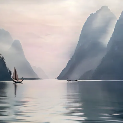 Prompt: "A majestic mountain range inspired by Li Bai's poem 'Wang Tianmen Mountain.' Two steep green peaks rise on either side of a wide river, forming a dramatic natural 'gate.' The river flows gently, reflecting the vibrant blue sky and surrounding lush greenery. A lone sailboat with a single sail drifts toward the horizon, illuminated by the warm glow of the setting sun. The sky blends orange and pink hues, with the sun touching the distant mountain edge. The scene feels serene, vast, and introspective, capturing the grandeur of nature and the solitude of the traveler. --v 5 --ar 16:9 --q 2 --style 4a"