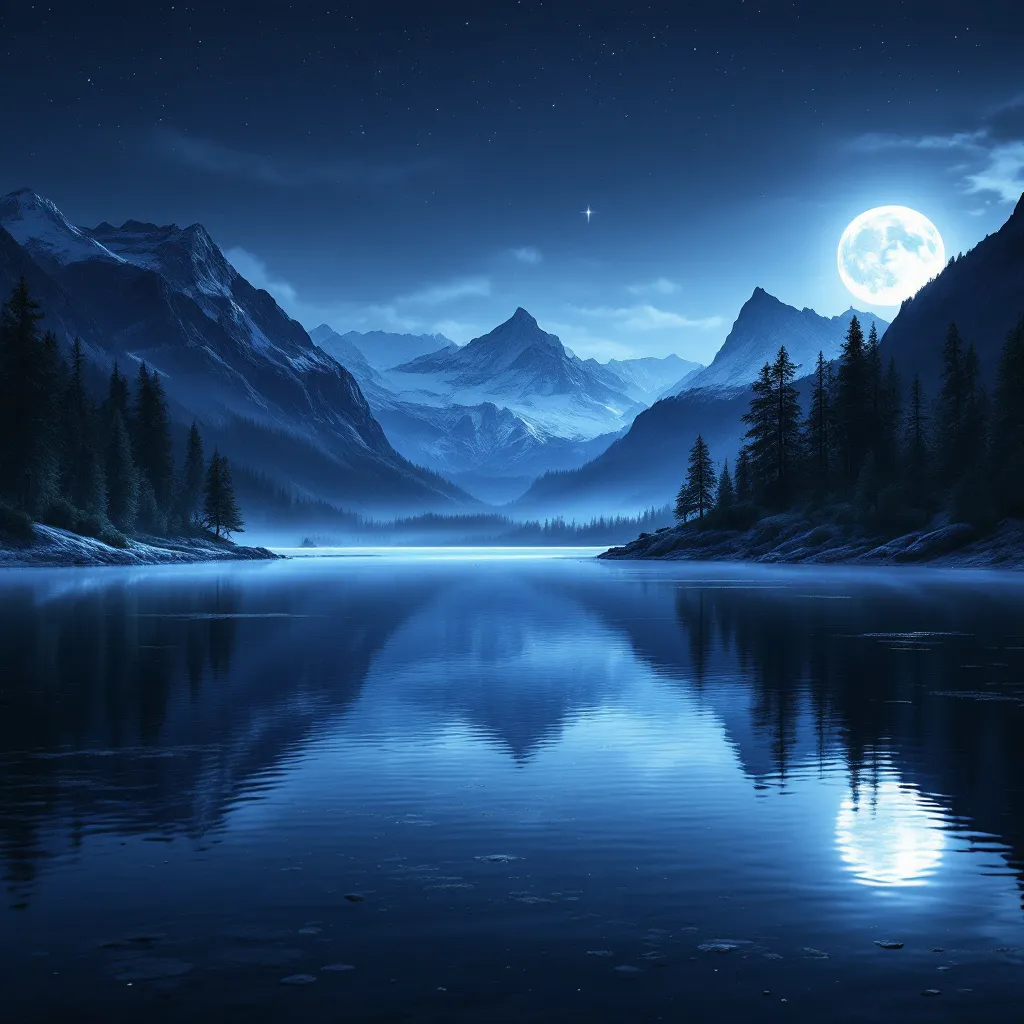 Prompt: Mountain lake at night with moonlight