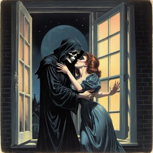 Prompt: Woman falling out of a window to kiss the grim reaper at midnight, Victorian illustration, 80s album cover, creepy