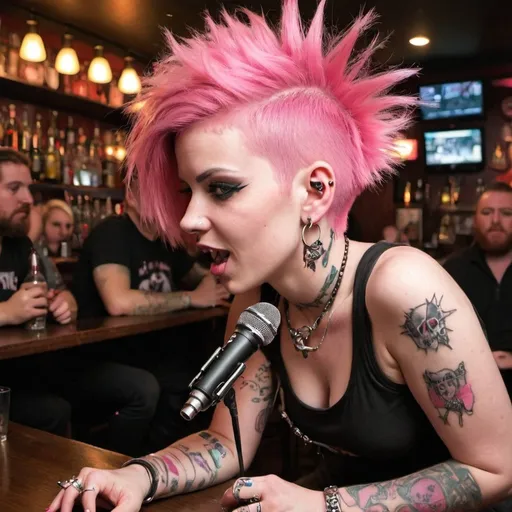 Prompt: Woman with pink punk haircut and lots of piercings kicking over a table in a bar with microphone in her hand