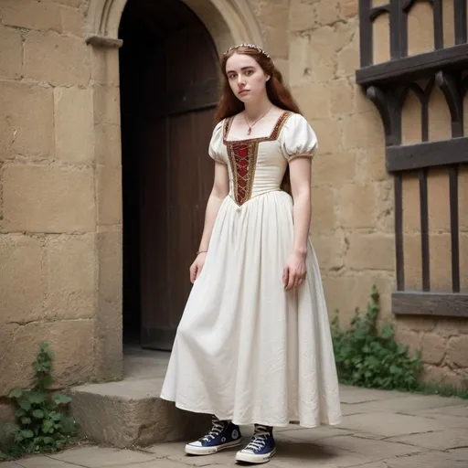 Prompt: Shakespeare’s juliet capulet wearing converse sneakers under her dress, medieval