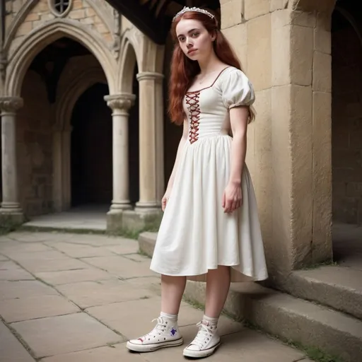 Prompt: Shakespeare’s juliet capulet wearing converse sneakers under her dress, medieval