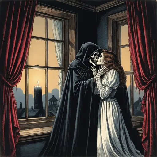 Prompt: Woman holding a candle falling out of a curtained window to kiss the grim reaper at midnight, Victorian illustration, 80s album cover, creepy