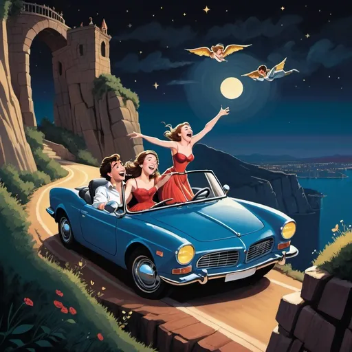 Prompt: Romeo and Juliet driving a sports convertible car off a cliff, laughing, freefalling, night