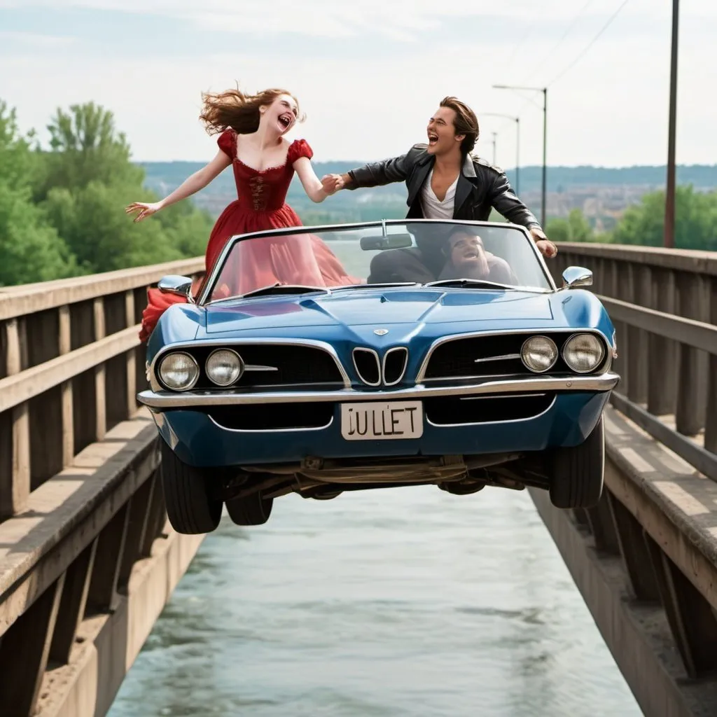 Romeo and Juliet driving a sports convertible car of...