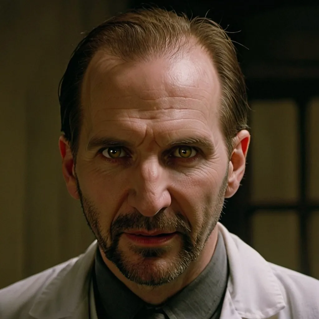 Prompt: Ralph Fiennes as a vampire prison doctor with yellow eyes