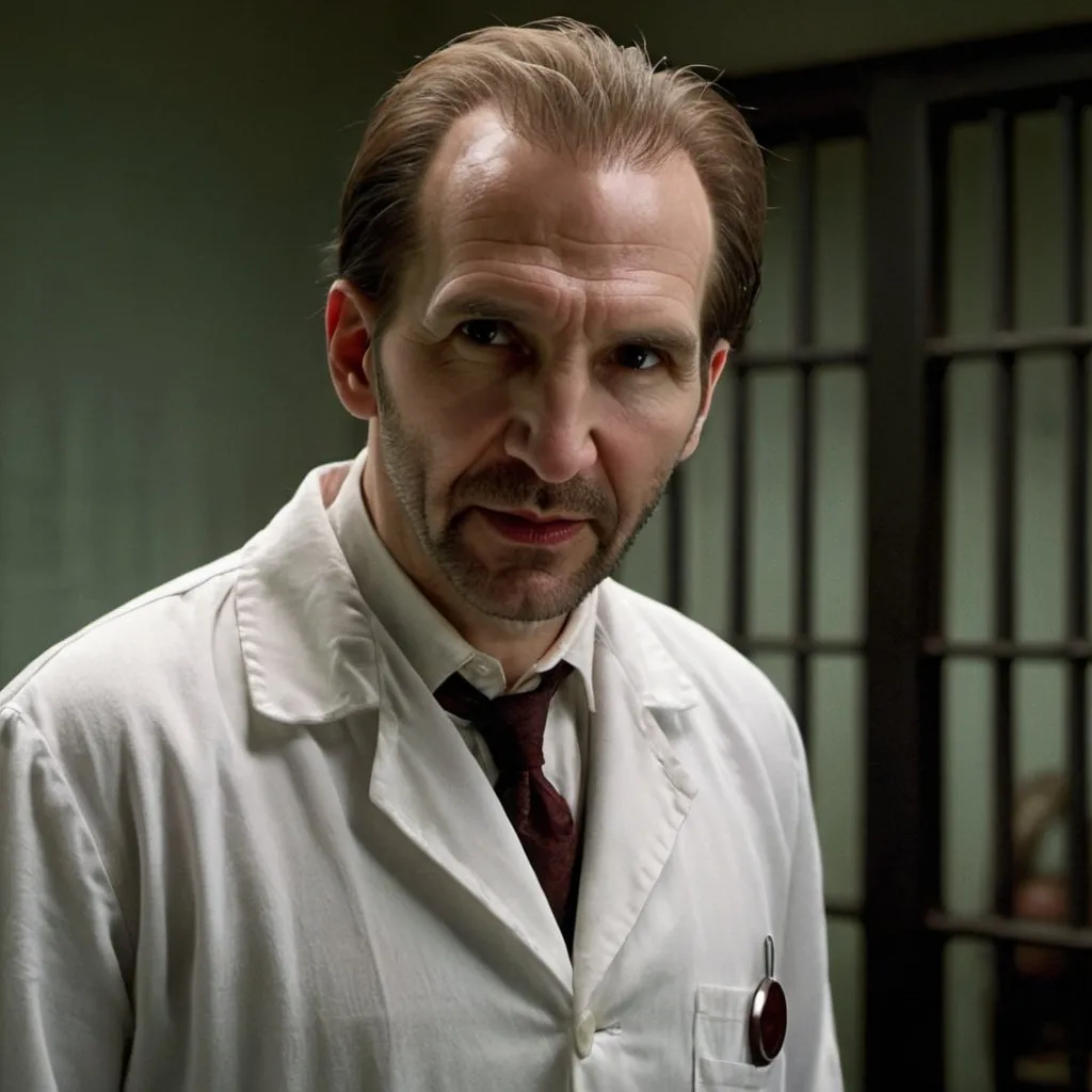 Prompt: Ralph Fiennes as a vampire prison doctor