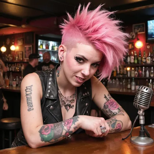 Prompt: Woman with pink punk haircut and lots of piercings kicking over a table in a bar with microphone in her hand