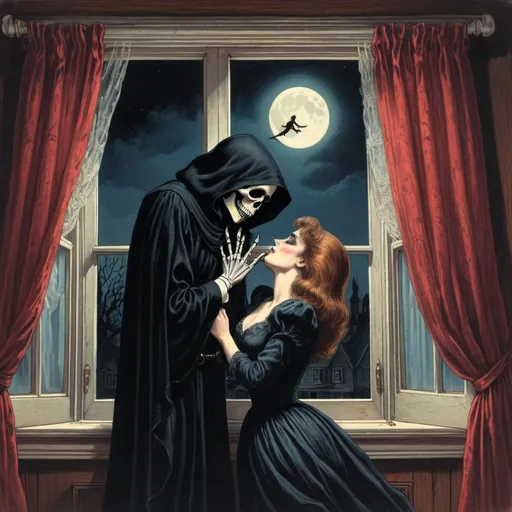 Prompt: Woman falling out of a window to kiss the grim reaper at midnight, Victorian illustration, 80s album cover, creepy