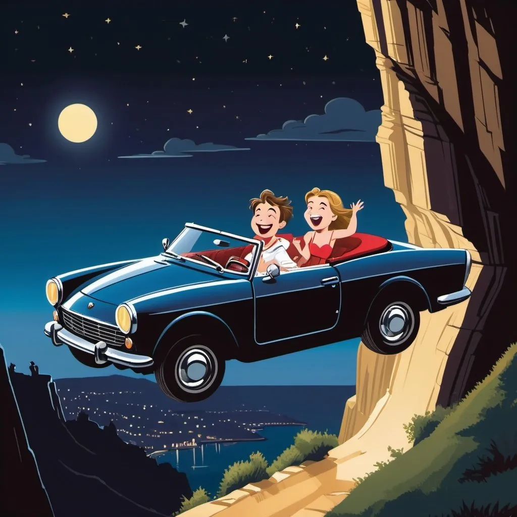 Prompt: Romeo and Juliet driving a sports convertible car off a cliff, laughing, freefalling, night