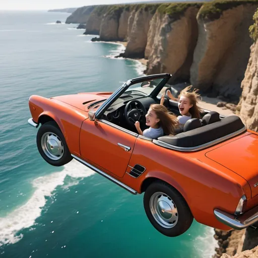 Prompt: Teenage boy and girl laughing and driving a sports convertible car off a cliff into the ocean, car flying through air towards screen, freefalling, dynamic