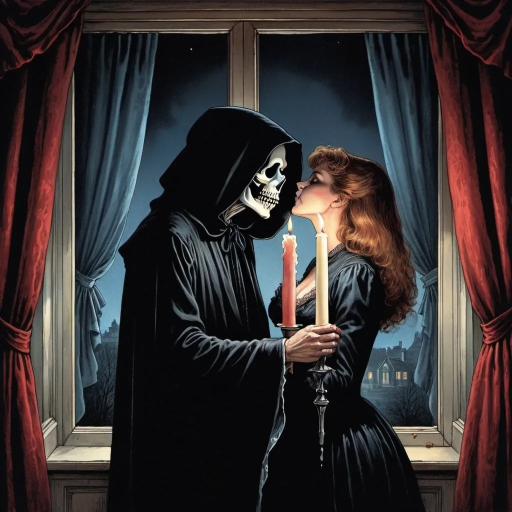 Prompt: Woman holding a candle falling out of a curtained window to kiss the grim reaper at midnight, Victorian illustration, 80s album cover, creepy