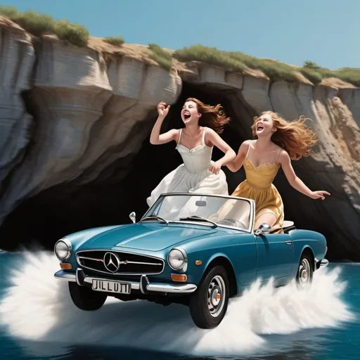 Prompt: Romeo and Juliet laughing and driving a sports convertible car off a cliff into the ocean, car flying through air towards screen, freefalling, dynamic