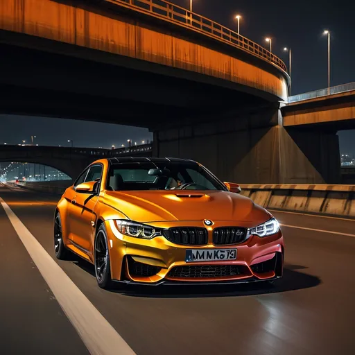 Prompt: A BMW M4 with orange headlights and a Spieler under a Bridge . At night