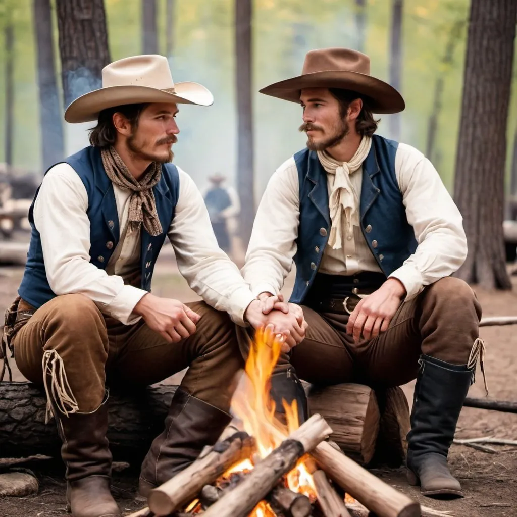 Prompt: 2 handsome human-like cowboys in 1870 attire at the campfire holding hands.
