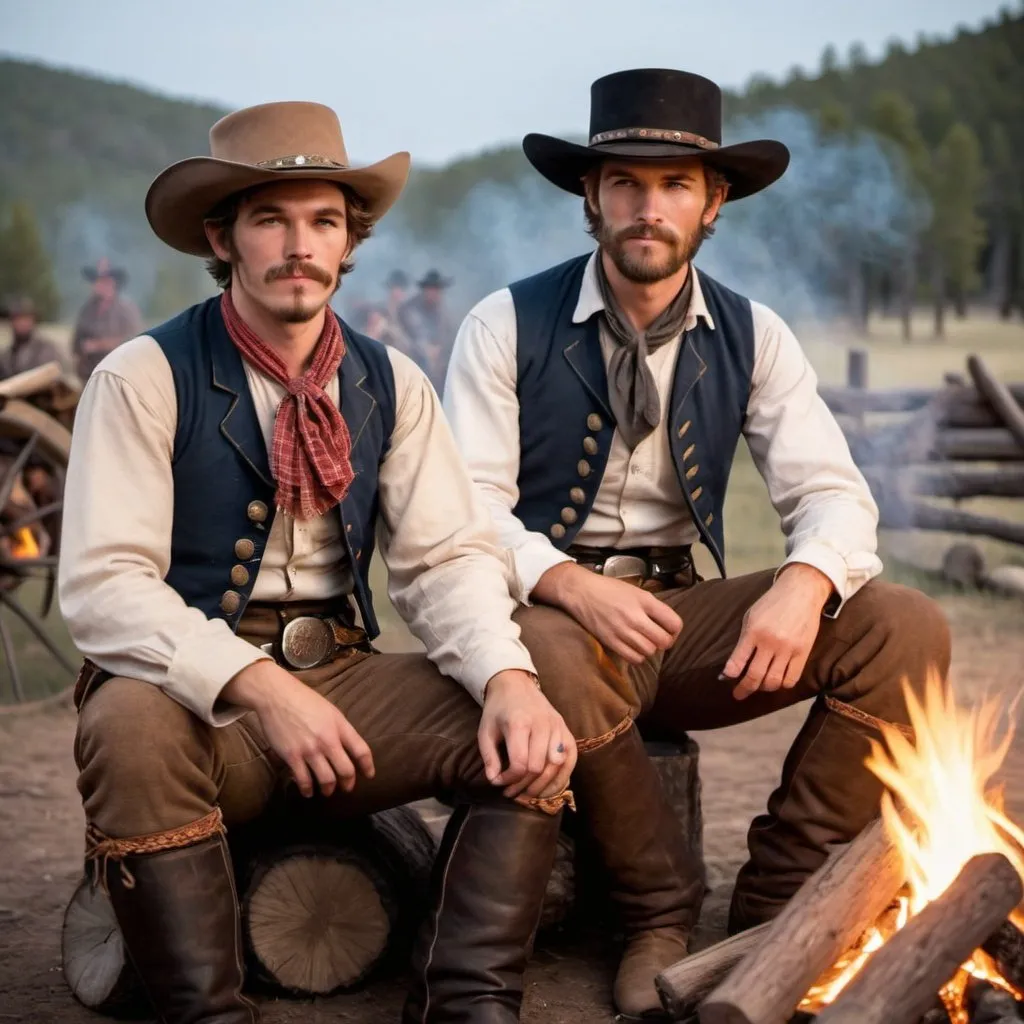 Prompt: 2 handsome human-like cowboys in 1870 attire at the campfire holding hands.
