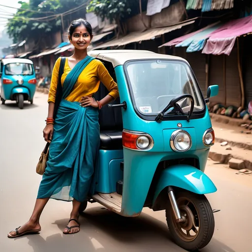 Prompt: make an image where there is an woman standing with the electric tuktuk to show the woman empoverment use indian case senario 