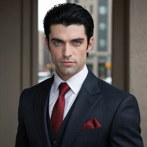 Prompt: A businessman in a pinstripe suit. He is 5'10" with black hair and blue eyes. He has a large frame, wide shoulders, and is physically imposing. He also has a short beard. He is secretly a vampire.  Show his full body and use red