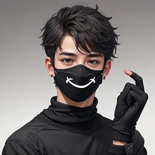 Prompt: Draw a 18 years old pretty boy who wearing black nike mask and fingerless gloves 