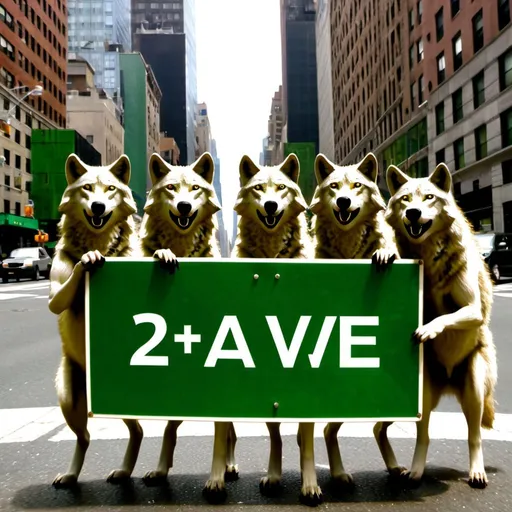 Prompt: four wolves 
holding a green "2nd Avenue" sign 
 in New York City