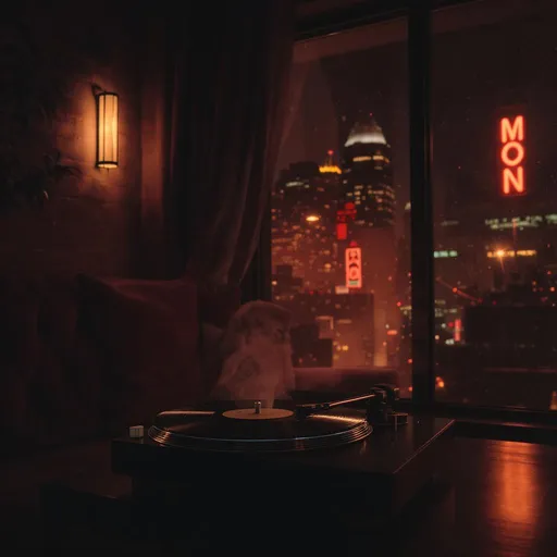 Prompt: A cinematic, stylized digital illustration of a cozy urban lounge at night, dimly lit with warm ambient lighting. A vinyl record player is spinning softly in the foreground, glowing city lights outside the window. Soft neon reflections on smooth surfaces. Mood: relaxed, stylish, jazzy. No people. Background suited for lo-fi or chill hip hop. Framed for a YouTube video thumbnail, with empty space for text overlay. Sharp details, modern yet warm, minimal grain, clean composition.