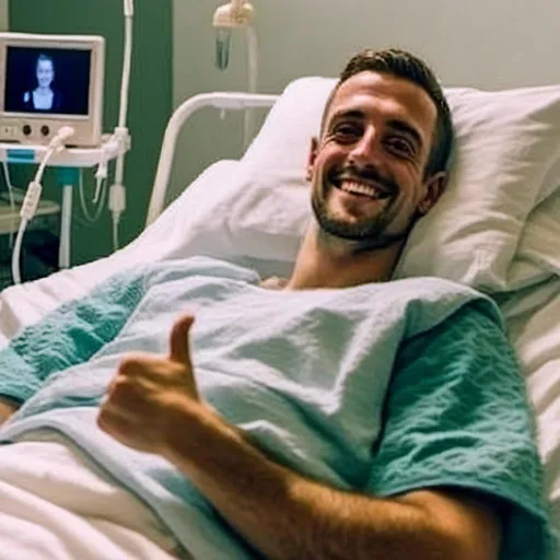 Prompt: <mymodel> man laying in hospital bed smiling and giving thumbs up