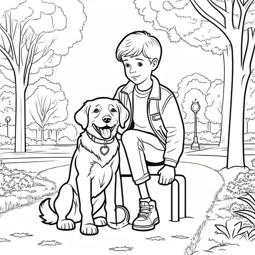 Prompt: B&W coloring book page, boy with his dog in the park, line art, solid white background