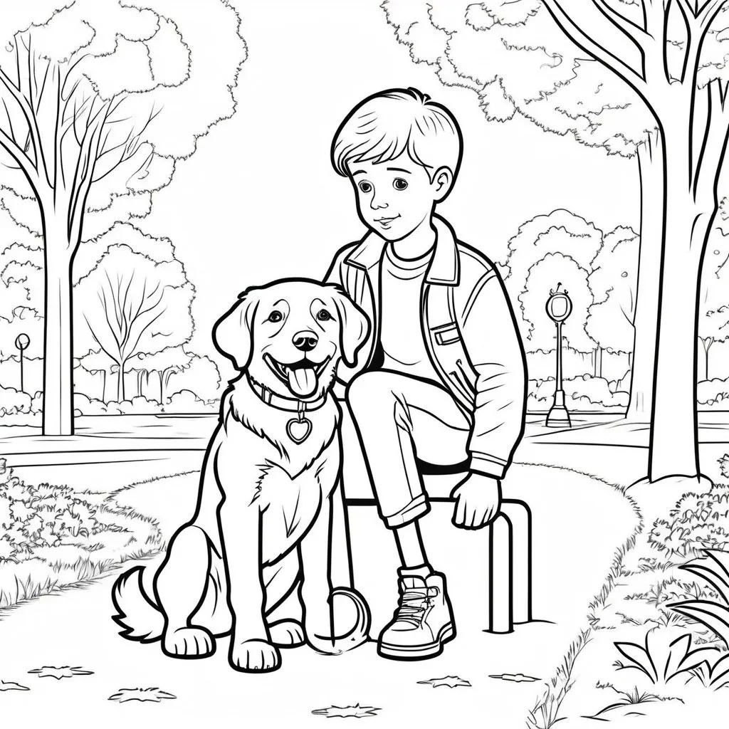 Prompt: B&W coloring book page, boy with his dog in the park, line art, solid white background