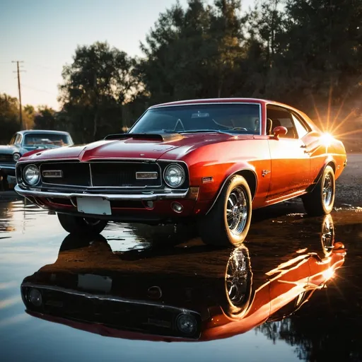 Prompt: classic muscle car reflecting sun light in water