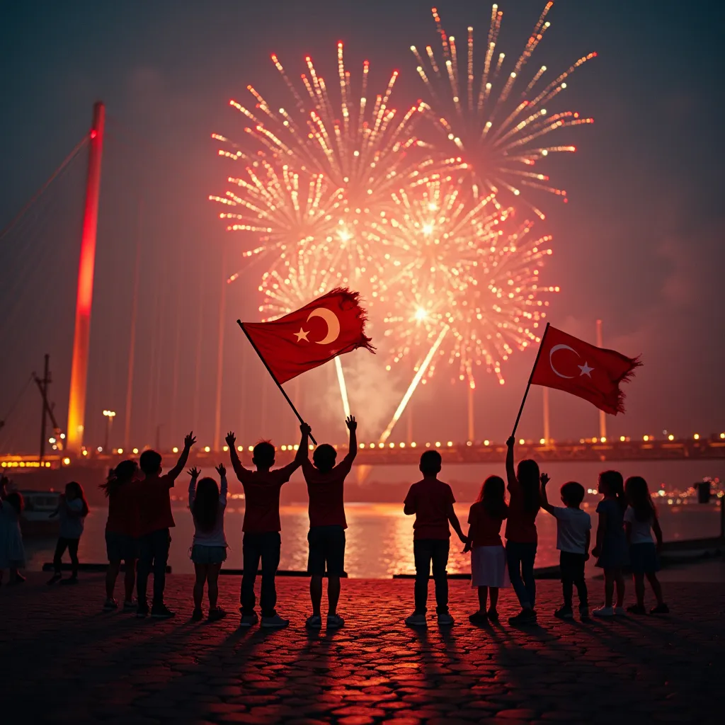 Prompt: istanbul 15 Temmuz Boğaz köprüsünde havai fişek eşliğinde 23 nisan gösterileri yapan ellerinde bayrak sallayan çocuklar  1080 1920
 boyutunda görsel oluştur