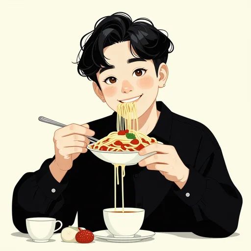 Prompt: A stylish minimal flat illustration of a modern foodie character inspired by "hungry.snap", featuring a person enjoying delicious food like pasta, dessert, or ramen, aesthetic atmosphere, clean design, not too cute, Instagram logo style, high-end foodie vibe, soft pastel or neutral tones, simple vector art, elegant and modern, center composition, professional foodie look
