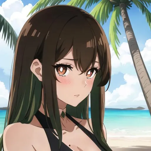 Prompt: Portrait of a tall woman, dark brown-eyed with diamond-shaped pupils, with brown ombre deep green hair, with bangs , near of a coconut tree, blushing, on the beach, looking at the viewer, intricate detail