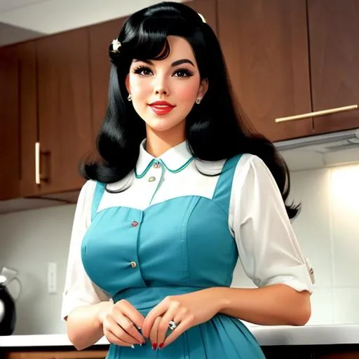 Prompt: Perfect 60's american housewife, long black hair slightly wavy 