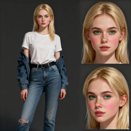 Prompt: Professional painting of a beautiful Russian woman, blonde hair, freckles that matched her rosy cheeks and those emerald eyes, casual outfit, hyperrealism, photorealistic, 8k, unreal engine --ar 9:16 --niji 5 --style expressive --s 400, by Jeremy Mann, Rutkowski, and other Artstation illustrators, intricate details, face, full body portrait, headshot, illustration, UHD, 4K