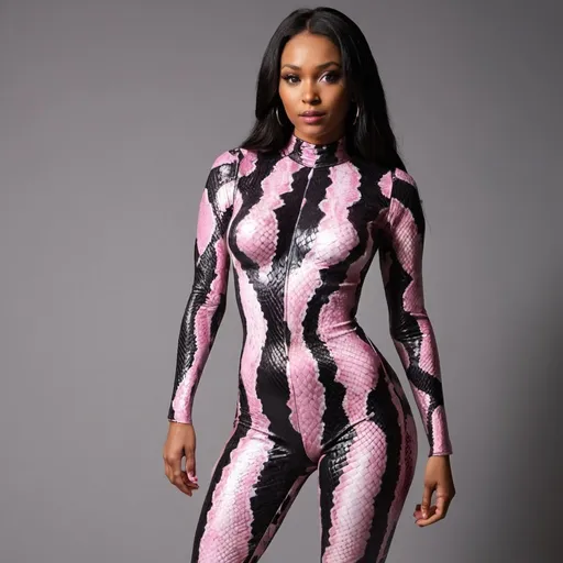 Prompt: Woman modelling a full bodysuit decorated with a pink black and white snake skin print pattern 