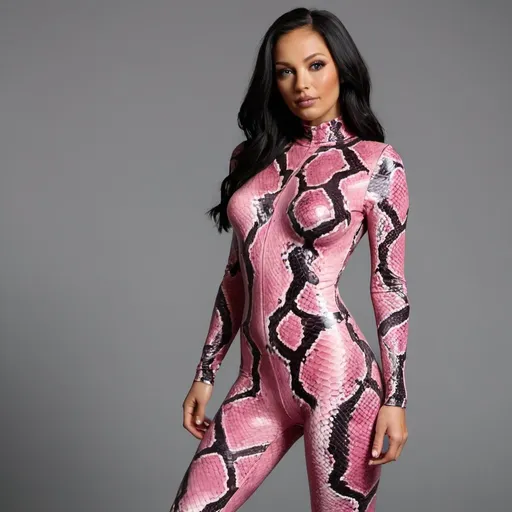 Prompt: Woman modelling a full bodysuit decorated with a pink black and white snake skin print pattern 