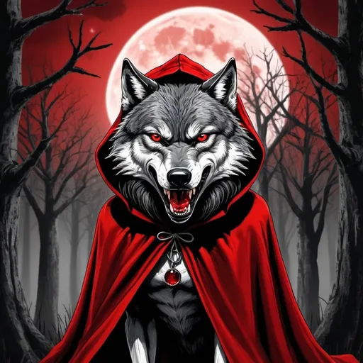 Prompt: A gothic style big scarey angry wolf wearing red riding hoods cape. Snarling and drooling  with big fangs. Dripping in blood. With a blood vred moon and trees in the backgroun