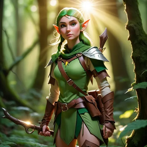 Prompt: Elf ranger in a mystical forest around sunlight