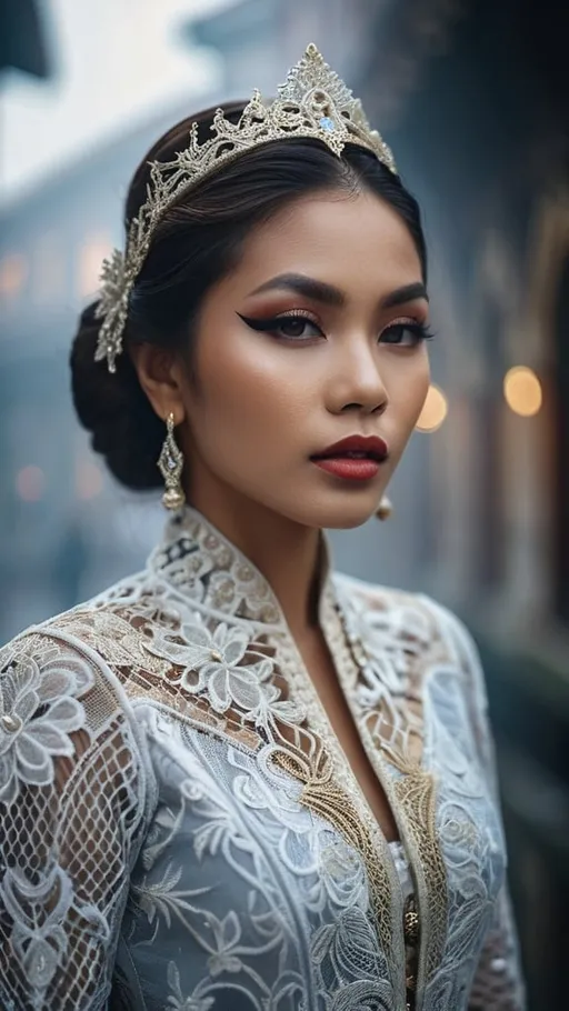 Prompt: hyper-detailed photo of a gorgeous {javanese young woman}, venetian lace revealing jacket, foggy street, art pose, medium format, epic character composition, sharp focus, intricate filigree details, cinematic lighting, volumetric fog, award-winning, masterpiece, 50mm lens, professionally color graded