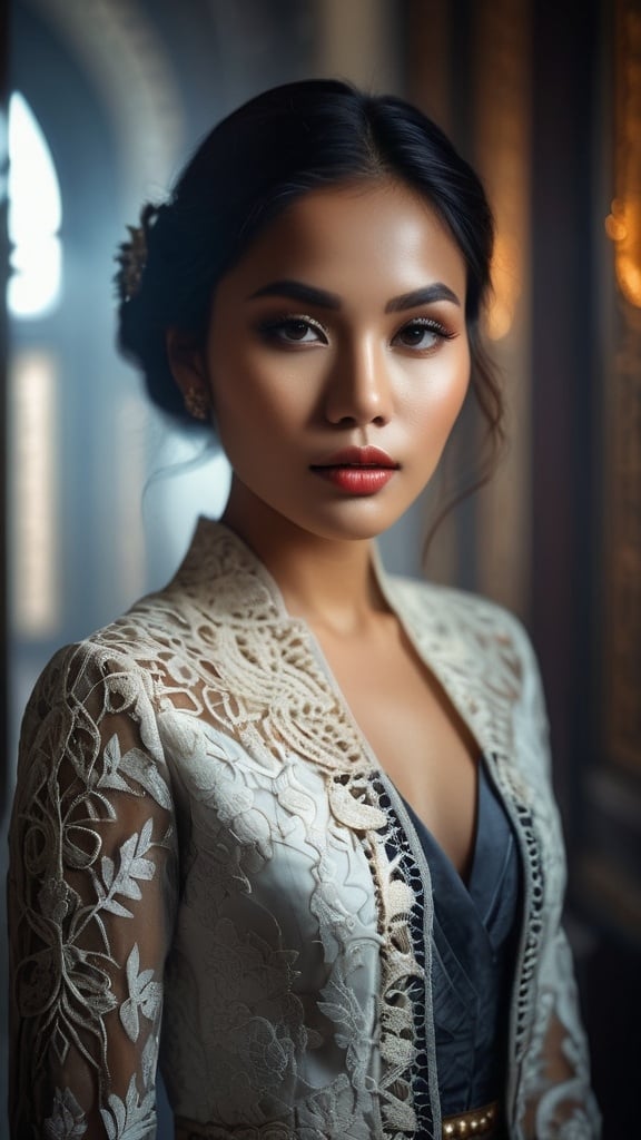 Prompt: hyper-detailed dull photo of a beautiful revealing {javanese young woman}, venetian lace cropped jacket, foggy old hallway, art pose, medium format, epic character composition, sharp focus, intricate filigree details, cinematic lighting, volumetric fog, award-winning, masterpiece, 64K, professionally color graded