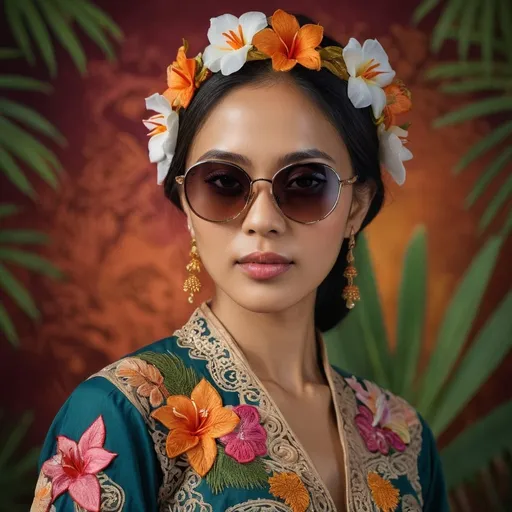 Prompt: ultra realistic photograph of a young woman wearing revealing Javanese traditional outfit, sunglasses, delicate details, embroidered tropical flowers, batik, color graded, 500mm lens, medium close up, vibrant colors, smoky stage background